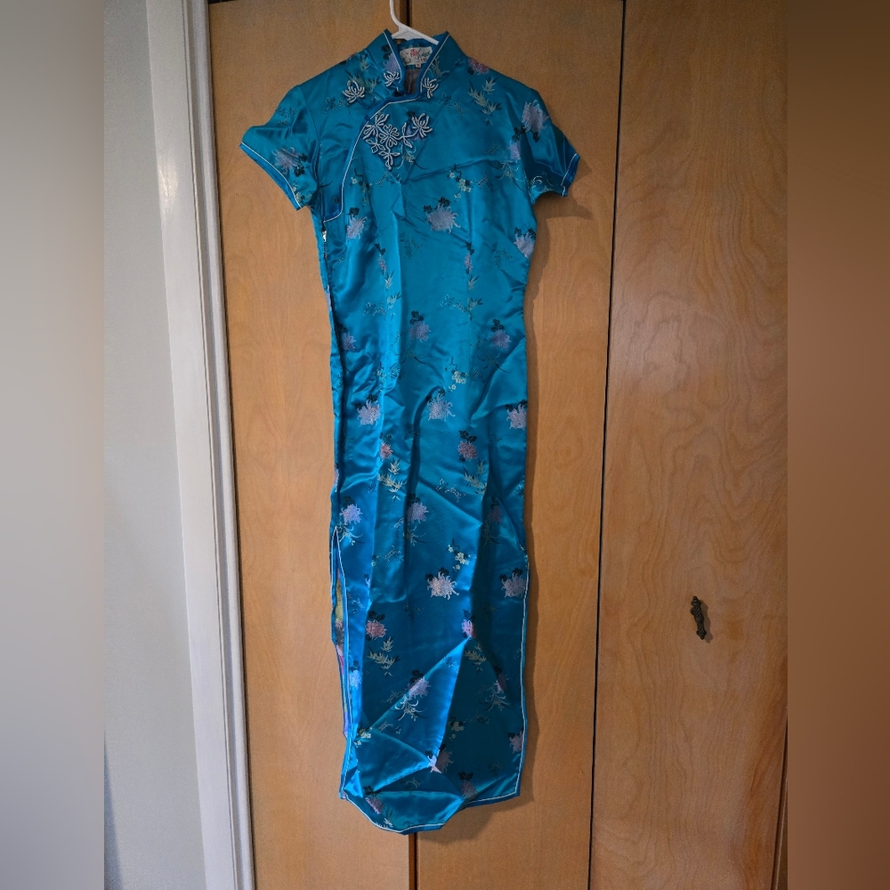 Vintage Blue Floral Cheongsam Dress